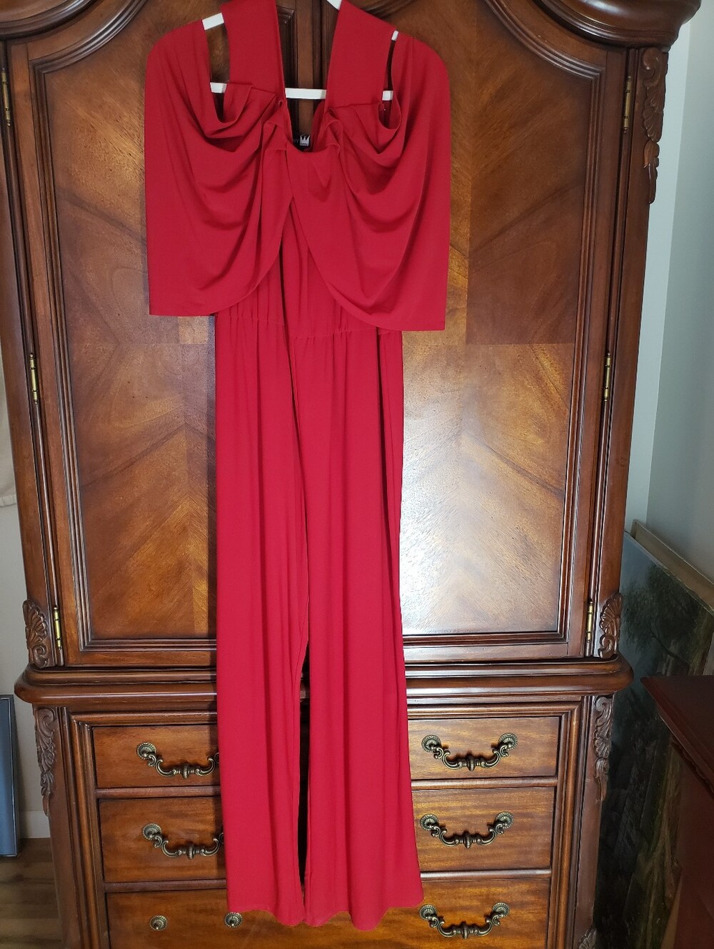 Red Cold Shoulder Draped Jumpsuit